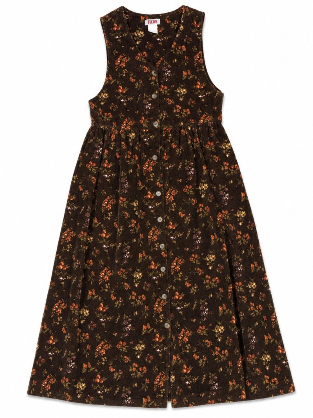 Vintage 90s FADS Brown Floral Corduroy Jumper Dress Petite M Cotton Midi